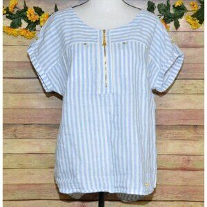 Ellen Tracy Blue Striped Linen Cuffed Short Sleeve Blouse Size L Summer Coastal